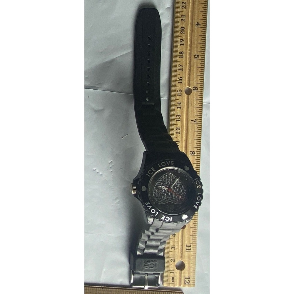 ICE LOVE Women's Watch Black Silicone Heart Dial Rhinestone Bling Quartz‎